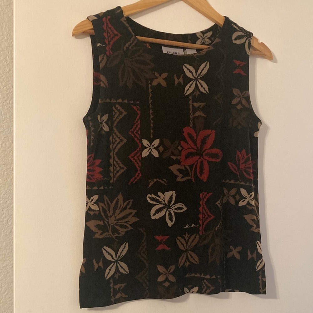 Chicos, Travelers size 1 top black with burgundy, brown and taupe floral print